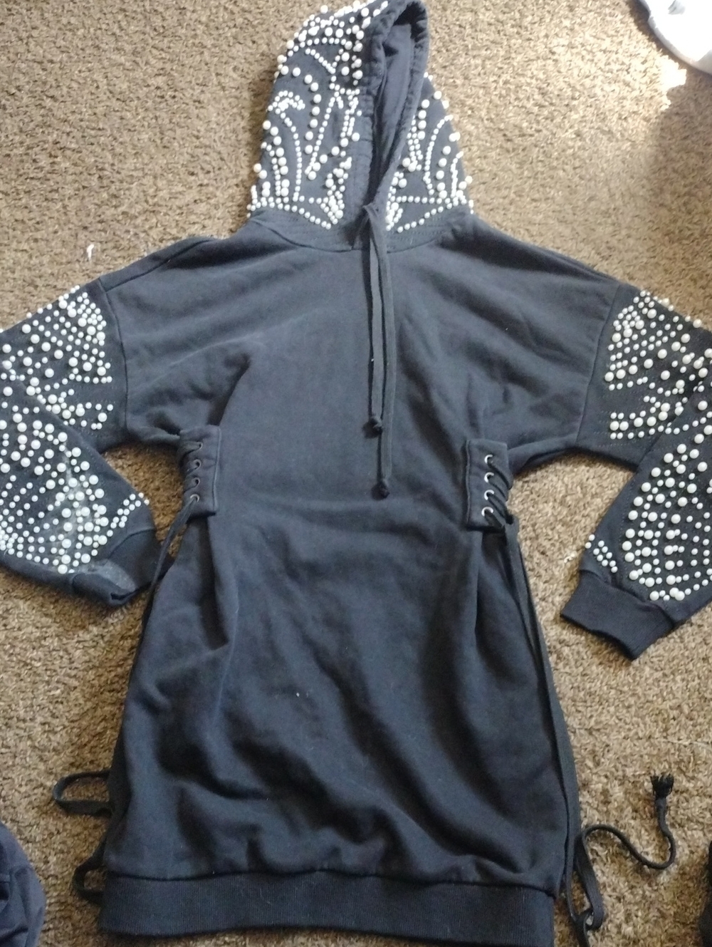 Akira Pearl Black Hoodie Dress with Lace-Up Sides